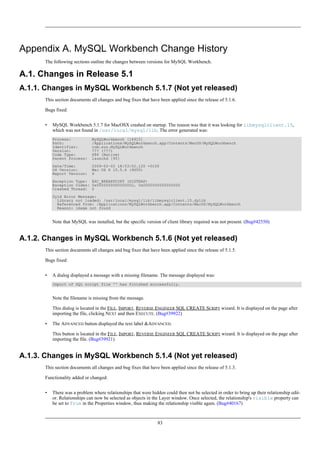 Appendix A. MySQL Workbench Change History
The following sections outline the changes between versions for MySQL Workbench.
A.1. Changes in Release 5.1
A.1.1. Changes in MySQL Workbench 5.1.7 (Not yet released)
This section documents all changes and bug fixes that have been applied since the release of 5.1.6.
Bugs fixed:
• MySQL Workbench 5.1.7 for MacOSX crashed on startup. The reason was that it was looking for libmysqlclient.15,
which was not found in /usr/local/mysql/lib. The error generated was:
Process: MySQLWorkbench [14915]
Path: /Applications/MySQLWorkbench.app/Contents/MacOS/MySQLWorkbench
Identifier: com.sun.MySQLWorkbench
Version: ??? (???)
Code Type: X86 (Native)
Parent Process: launchd [95]
Date/Time: 2009-02-02 18:53:52.120 +0100
OS Version: Mac OS X 10.5.6 (9G55)
Report Version: 6
Exception Type: EXC_BREAKPOINT (SIGTRAP)
Exception Codes: 0x0000000000000002, 0x0000000000000000
Crashed Thread: 0
Dyld Error Message:
Library not loaded: /usr/local/mysql/lib/libmysqlclient.15.dylib
Referenced from: /Applications/MySQLWorkbench.app/Contents/MacOS/MySQLWorkbench
Reason: image not found
Note that MySQL was installed, but the specific version of client library required was not present. (Bug#42550)
A.1.2. Changes in MySQL Workbench 5.1.6 (Not yet released)
This section documents all changes and bug fixes that have been applied since the release of 5.1.5.
Bugs fixed:
• A dialog displayed a message with a missing filename. The message displayed was:
Import of SQL script file '' has finished successfully.
Note the filename is missing from the message.
This dialog is located in the FILE, IMPORT, REVERSE ENGINEER SQL CREATE SCRIPT wizard. It is displayed on the page after
importing the file, clicking NEXT and then EXECUTE. (Bug#39922)
• The ADVANCED button displayed the text label &ADVANCED.
This button is located in the FILE, IMPORT, REVERSE ENGINEER SQL CREATE SCRIPT wizard. It is displayed on the page after
importing the file. (Bug#39921)
A.1.3. Changes in MySQL Workbench 5.1.4 (Not yet released)
This section documents all changes and bug fixes that have been applied since the release of 5.1.3.
Functionality added or changed:
• There was a problem where relationships that were hidden could then not be selected in order to bring up their relationship edit-
or. Relationships can now be selected as objects in the Layer window. Once selected, the relationship's visible property can
be set to True in the Properties window, thus making the relationship visible again. (Bug#40167)
83
 