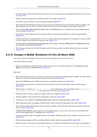 • Setting up indexes in both the index and foreign key list views, the mouse pointer would dissappear while the entry box was in
use. (Bug#35062)
• Double clicking the Catalog title bar undocked the GRT Tree window. (Bug#34856)
• The font for views and routines was not monospace by default. (Bug#34537)
• When using the Forward Engineer Wizard, if an error occurred, the dialog showing the error detail would be incomplete, and
determining the reason for the error would be masked because the end of log message would be hidden. (Bug#34509)
• When using the HIDE MENU ITEMS NOT APPLICABLE TO THIS EDITION option, a simplified version of the FIND dialog box
was not available. (Bug#34493)
• Editing the text of the Trigger portion of an existing schemata would introduce additional text into the Trigger definition.
(Bug#34397)
• Creating more than five stored procedures or views in a model would cause the dialog box for the operation to move to a differ-
ent layer, making it inaccessible when using the mouse. (Bug#34153)
• Selecting EXPORT, FORWARD ENGINEER ALTER SCRIPT from the FILE would open a SQL SCRIPT SYNCRHRONIZATION dia-
log, rather than export dialog. (Bug#34099)
• When moving more than layer in Model Navigator, only the first layer's position would be reflected correctly in the output.
(Bug#33627)
A.2.15. Changes in MySQL Workbench 5.0.16rc (26 March 2008)
This section documents all changes and bug fixes that have been applied since the release of 5.0.15rc.
Functionality added or changed:
• Options and configuration options that affect models can now be set on a model by model basis. Choose OPTIONS from the
MODEL menu and choose the DIAGRAM tab. (Bug#34610)
Bugs fixed:
• When double clicking on the row in a column as a primary key, the primary key property would be toggled. The editor will now
allow you to edit the value when clicking on a data row on the table. (Bug#35613)
• Opening the INDEXES portion of a table would generate a unhandled exception error. (Bug#35598)
• When disabling global options on an individual model would fail to honor the model specific options would be ignored.
(Bug#35516)
• When placing a 1:n relation, an index out of range error could be raised. This could further result in operation on
NULL object: Invalid value errors when trying to edit the relation. (Bug#35447)
• Setting the value of a numeric column to a negative value was not supported. (Bug#35442)
• Printing an HTML version of the schema would produce a fatal error. (Bug#35400)
• The OK and CANCEL buttons for the DIAGRAM SIZE dialog would not be initialized properly. (Bug#34808)
• When using print preview on a diagram, clicking the PRINT button would send a blank page to the printer. (Bug#34630)
• When copying multiple table definitions from one schema to another, only the first table in the selection would be pasted into
the new schema. (Bug#34483)
• The DRAW LINE CROSSING option would fail to be recognized correctly. You can also now set this on an individual model
basis using the OPTIONS optin in the MODEL menu. (Bug#34248)
• Copying an existing module to the plugins directory would trigger a double registration of the modulem, and produce an error.
(Bug#34134)
• When exporting a diagram to PDF, some additional lines would be added to the generated PDF. (Bug#33586)
• Placing an image on to the canvas could crash the application. For images larger than the canvas, the image is automatically re-
MySQL Workbench Change History
93
 