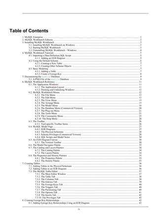 Table of Contents
1. MySQL Enterprise .........................................................................................................................1
2. MySQL Workbench Editions ............................................................................................................2
3. Installing MySQL Workbench ...........................................................................................................3
3.1. Installing MySQL Workbench on Windows .................................................................................3
3.2. Starting MySQL Workbench ...................................................................................................3
3.3. Uninstalling MySQL Workbench – Windows ...............................................................................4
4. MySQL Workbench Tutorials ............................................................................................................5
4.1. Importing a Data Definition SQL Script ......................................................................................5
4.1.1. Adding an EER Diagram .............................................................................................5
4.2. Using the Default Schema ......................................................................................................6
4.2.1. Creating a New Table .................................................................................................7
4.2.2. Creating Other Schema Objects .....................................................................................7
4.3. Basic Modeling ..................................................................................................................7
4.3.1. Adding a Table .........................................................................................................7
4.3.2. Create a Foreign Key ..................................................................................................8
5. Documenting the sakila Database ....................................................................................................9
5.1. A PNG File of the sakila Database ........................................................................................9
6. MySQL Workbench Reference ........................................................................................................ 11
6.1. The Application Windows .................................................................................................... 11
6.1.1. The Application Layout ............................................................................................ 11
6.1.2. Docking and Undocking Windows ................................................................................ 12
6.2. MySQL Workbench Menus .................................................................................................. 12
6.2.1. The File Menu ....................................................................................................... 12
6.2.2. The Edit Menu ....................................................................................................... 13
6.2.3. The View Menu ...................................................................................................... 15
6.2.4. The Arrange Menu .................................................................................................. 15
6.2.5. The Model Menu .................................................................................................... 16
6.2.6. The Database Menu (Commercial Version) ..................................................................... 20
6.2.7. The Plug-ins Menu .................................................................................................. 21
6.2.8. The Tools Menu ..................................................................................................... 21
6.2.9. The Community Menu .............................................................................................. 25
6.2.10. The Help Menu ..................................................................................................... 26
6.3. The Toolbar ..................................................................................................................... 26
6.3.1. Tool-specific Toolbar Items ........................................................................................ 26
6.4. MySQL Model Page ........................................................................................................... 27
6.4.1. EER Diagrams ....................................................................................................... 27
6.4.2. The Physical Schemata ............................................................................................. 28
6.4.3. Schema Privileges (Commercial Version) ....................................................................... 28
6.4.4. SQL Scripts and Model Notes ..................................................................................... 30
6.5. An EER Diagram Canvas ..................................................................................................... 30
6.5.1. The Vertical Toolbar ................................................................................................ 30
6.6. The Model Navigator Palette ................................................................................................. 33
6.7. The Catalog and Layers Palettes ............................................................................................. 34
6.7.1. The Catalog Palette .................................................................................................. 34
6.7.2. The Layers Palette ................................................................................................... 34
6.8. The Properties and History Palettes ......................................................................................... 35
6.8.1. The Properties Palette ............................................................................................... 35
6.8.2. The History Palette .................................................................................................. 35
7. Creating Tables ........................................................................................................................... 36
7.1. Adding Tables to the Physical Schemata ................................................................................... 36
7.2. Adding Tables to an EER Diagram ......................................................................................... 36
7.3. The MySQL Table Editor .................................................................................................... 37
7.3.1. The Main Editor Window .......................................................................................... 37
7.3.2. The Table Tab ........................................................................................................ 38
7.3.3. The Columns Tab .................................................................................................... 38
7.3.4. The Indexes Tab ..................................................................................................... 39
7.3.5. The Foreign Keys Tab .............................................................................................. 40
7.3.6. The Triggers Tab .................................................................................................... 40
7.3.7. The Partitioning Tab ................................................................................................ 40
7.3.8. The Options Tab ..................................................................................................... 41
7.3.9. The Inserts Tab ...................................................................................................... 42
7.3.10. The Privileges Tab ................................................................................................. 42
8. Creating Foreign Key Relationships ................................................................................................... 43
8.1. Adding Foreign Key Relationships Using an EER Diagram ............................................................ 43
iv
 