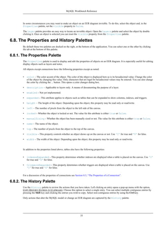 In some circumstances you may want to make an object on an EER diagram invisible. To do this, select the object and, in the
Properties palette, set the visible property to False.
The Layer palette provides an easy way to locate an invisible object. Open the Layers palette and select the object by double
clicking it. Once an object is selected you can reset the visible property from the Properties palette.
6.8. The Properties and History Palettes
By default these two palettes are docked on the right, at the bottom of the application. You can select one or the other by clicking
the tab at the bottom of this palette.
6.8.1. The Properties Palette
The Properties palette is used to display and edit the properties of objects on an EER diagram. It is especially useful for editing
display objects such as layers and notes.
All objects except connections have the following properties except as noted:
• color – The color accent of the object. The color of the object is displayed here as is its hexadecimal value. Change the color
of the object by changing this value. Only characters that are legal for hexadecimal values may be entered. You can also change
the color by clicking the ... button. This opens a color changer dialog box.
• description – Applicable to layers only. A means of documenting the purpose of a layer.
• enabled – Not yet implemented.
• expanded – This attribute applies to objects such as tables that can be expanded to show columns, indexes, and triggers.
• height – The height of the object. Depending upon the object, this property may be read only or read/write.
• left – The number of pixels from the object to the left side of the canvas.
• locked – Whether the object is locked or not. The value for this attribute is either true or false.
• manualSizing – Whether the object has been manually sized or not. The value for this attribute is either true or false.
• name – The name of the object.
• top – The number of pixels from the object to the top of the canvas.
• visible – This property controls whether an object shows up on the canvas or not. Use ‘1’ for true and ‘0’ for false.
• width – The width of the object. Depending upon the object, this property may be read only or read/write.
In addition to the properties listed above, tables also have the following properties:
• indexesExpanded – This property determines whether indexes are displayed when a table is placed on the canvas. Use ‘1’
for true and ‘0’ for false.
• triggersExpanded – This property determines whether triggers are displayed when a table is placed on the canvas. Use
‘1’ for true and ‘0’ for false.
For a discussion of the properties of connections see Section 8.3, “The Properties of a Connection”.
6.8.2. The History Palette
Use the History palette to review the actions that you have taken. Left clicking an entry opens a pop-up menu with the option,
COPY HISTORY ENTRIES TO CLIPBOARD. Choose this option to select a single entry. You can select multiple contiguous entries by
pressing the Shift key and clicking the entries you wish to copy. Select non-contiguous entries by using the Ctrl key.
Only actions that alter the MySQL model or change an EER diagram are captured by the History palette.
MySQL Workbench Reference
35
 