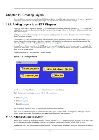 Chapter 11. Creating Layers
You can add layers to a database only from an EER Diagram. Layers are used to help organize objects on the canvas. Typically, re-
lated objects are added to the same layer; for example, you may choose to add all your views to one layer.
11.1. Adding Layers to an EER Diagram
Layers are added to an EER Diagram using the Layer tool on the vertical toolbar. To do this select an EER Diagram tab and
right click the layer icon on the vertical toolbar. The layer icon is the rectangle with an ‘L’ in the lower left corner and it is found
below the eraser icon.
Clicking the mouse on this icon changes the mouse pointer to a layer pointer. You can also change the mouse pointer to a layer
pointer by pressing the L key.
Choosing the Layer tool changes the contents of the toolbar that appears immediately below the menu bar. When the Layers
pointer is active, this toolbar contains a drop down color chart. Use this list box to select the color accent for the new layer. The
color of your layer can easily be changed later using the Properties palette.
Create a layer by clicking anywhere on the EER Diagram canvas and, holding the left mouse button down, draw a rectangle of a
suitable size. This creates a new layer with the default name layer1. To revert to the default mouse pointer, click the arrow icon
at the top of the vertical toolbar.
Find below an image of a layer containing a number of views:
Figure 11.1. The Layer object
Use the name property of the Properties palette to change the name of a layer.
Right clicking a layer opens a pop-up menu with the following options:
• CUT 'LAYER_NAME'.
• COPY 'LAYER_NAME'
• DELETE 'LAYER_NAME'
The cut and copy options are useful for copying layers between different schemata.
Since layers are not schema objects, no confirmation dialog box opens when you delete a layer regardless of how you have con-
figured MySQL Workbench. Deleting a layer does not delete schema objects from the catalog.
11.1.1. Adding Objects to a Layer
Add an object to a layer by dragging and dropping it directly from the Catalog palette onto a layer. If you pick up an object from
an EER diagram you need to press Ctrl as you drag it on to the layer, otherwise it will not be "locked" inside the layer.
Locking objects to a layer prevents their accidental removal. You cannot remove them simply by clicking and dragging; in order to
52
 