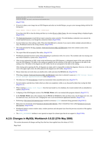 plugin:wb.edit.editSelectedInNewWindow
Invalid plugin
Invalid plugin wb.edit.editSelectedInNewWindow
(Bug#37180)
• If you try to place a new image into an EER Diagram and select an invalid filetype, you get a error message dialog with the fol-
lowing text:
CAIRO ERROR: INVALID MATRIX (NOT INVERTIBLE)
If you then click OK to clear the dialog and then try to select PLACE A NEW TABLE, the error message dialog is displayed again.
(Bug#37079)
• The FORWARD ENGINEER wizard did not report connection status correctly. If invalid database credentials were entered, the
wizard reported success, even though the connection failed. (Bug#37060)
• Incorrect behaviour when editing a table. When the COLUMNS tab is selected, if you want to delete multiple selected tables at
once, Workbench removes the wrong columns. (Bug#37045)
• The script generated by the FILE, EXPORT, FORWARD ENGINEER SQL ALTER SCRIPT menu item contains syntax errors.
(Bug#36889)
• The export filter did not properly filter tables. (Bug#36739)
• Workbench generated incorrect syntax when attempting to synchronize with a live server. The resultant code was missing com-
mas which resulted in a syntax error. (Bug#36674)
• After reverse engineering an SQL create script and drawing some EER diagrams, a subsequent import of the same script des-
troys the EER diagrams. All tables in the catalog are updated, but the reference of the table in the diagram to the table in the
catalog is lost. The tables in the diagram are still visible, but do not correspond to the table in the catalog.
After closing and re-opening the file, all diagrams are empty and it is impossible to delete the diagrams. However, in the over-
view in the upper right corner, the tables placed in the diagram are still visible. (Bug#36381)
• Mouse wheel does not work when you double-click a table and select the OPTIONS tab. (Bug#36374)
• When FILE, EXPORT, FORWARD ENGINEER SQL ALTER SCRIPT menu item is selected it causes an ALTER Script Gener-
ation (Script Synchronization) error. (Bug#36355)
• The behaviour of the SYNCHRONIZE wizard was inconsistent when cancelled and re-run. (Bug#36177)
• Several windows and tabs have fields which are either not completely visible or are obscured by labels that overlap the field.
(Bug#36115)
• When creating a Schema Diff Report from the local model to a live database, the wizard crashed with an unhandled ex-
ception. (Bug#35878)
• Collapsing of the EER Diagram section of the MYSQL MODEL tab is not retained after program relaunch. (Bug#35717)
• In the MYSQL MODEL tab, in the summary line for PHYSICAL SCHEMATA, there are three icons, one for large icon view, one
for small icon view, one for list view. Changing the view is not saved between application launches. (Bug#35716)
• Performing a DATABASE SYNCHRONIZATION resulted in erroneous ALTER statements being generated. (Bug#34812)
• Menu item was incorrectly named GENERATE SCHEMA DIFF REPORT, when it should have been called GENERATE CATALOG
DIFF REPORT. (Bug#34398)
• Workbench failed to restore window states, window positions and side-panel sizes from the previous execution of the applica-
tion. (Bug#32442)
• The AUTO_INCREMENT attribute is now ignored on import for column types that do not support it. (Bug#31986)
A.2.9. Changes in MySQL Workbench 5.0.22 (27th May 2008)
This section documents all changes and bug fixes that have been applied since the release of 5.0.21.
Bugs fixed:
MySQL Workbench Change History
89
 