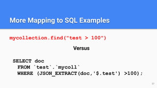 More Mapping to SQL Examples
mycollection.find("test > 100")
Versus
SELECT doc
FROM `test`.`mycoll`
WHERE (JSON_EXTRACT(doc,'$.test') >100);
57
 