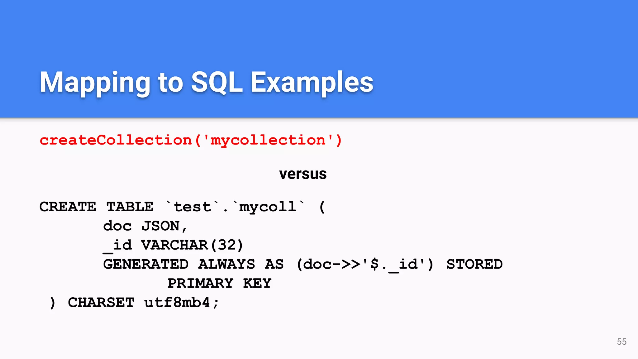 Mapping to SQL Examples
createCollection('mycollection')
versus
CREATE TABLE `test`.`mycoll` (
doc JSON,
_id VARCHAR(32)
GENERATED ALWAYS AS (doc->>'$._id') STORED
PRIMARY KEY
) CHARSET utf8mb4;
55
 