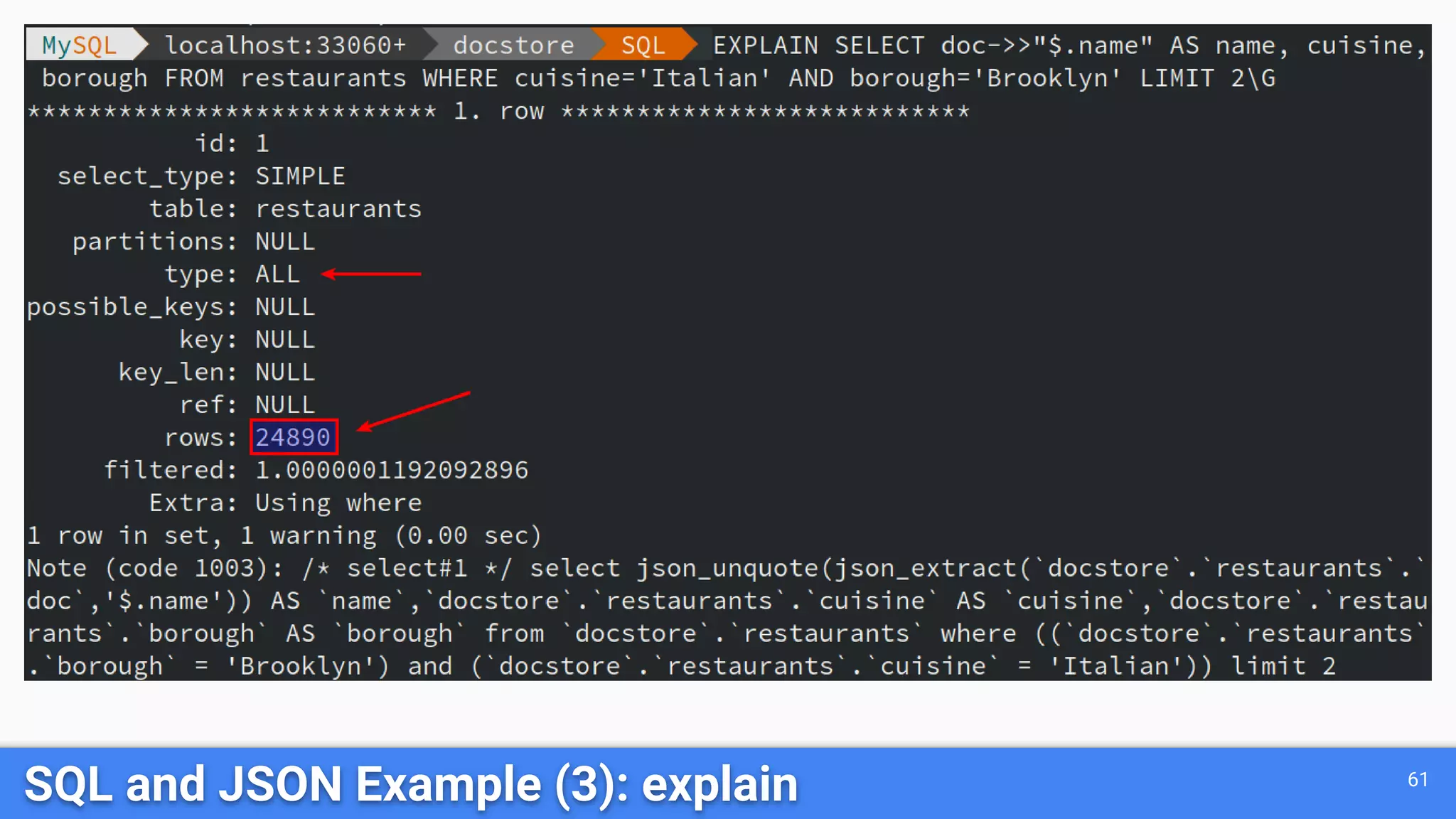 SQL and JSON Example (3): explain 61
 