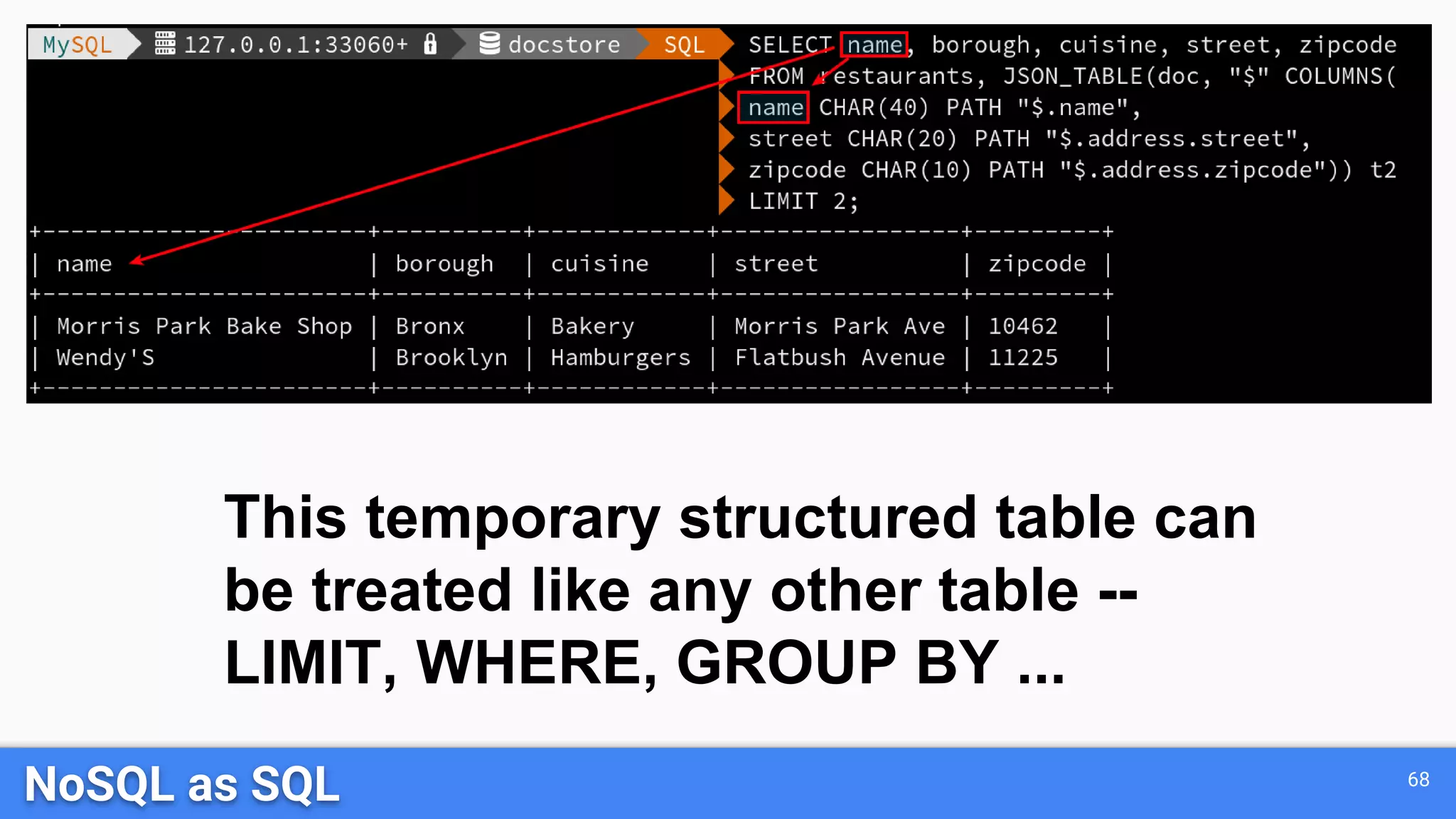 NoSQL as SQL 68
This temporary structured table can
be treated like any other table --
LIMIT, WHERE, GROUP BY ...
 