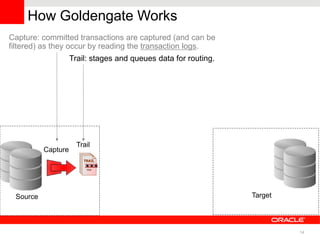 How Goldengate Works
Capture: committed transactions are captured (and can be
filtered) as they occur by reading the transaction logs.
                    Trail: stages and queues data for routing.




                      Trail
          Capture




 Source                                                          Target




                                                                          14
 