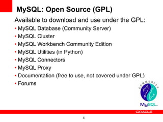 MySQL: Open Source (GPL)
Available to download and use under the GPL:
• MySQL Database (Community Server)
• MySQL Cluster
• MySQL Workbench Community Edition
• MySQL Utilities (in Python)
• MySQL Connectors
• MySQL Proxy
• Documentation (free to use, not covered under GPL)
• Forums




                           4
 