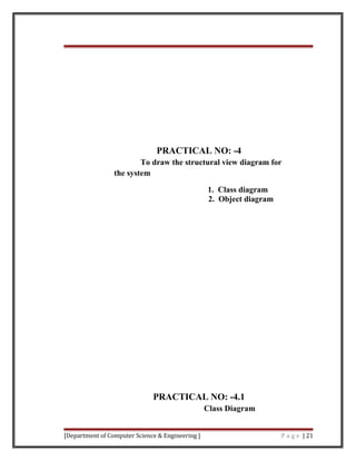 PRACTICAL NO: -4
To draw the structural view diagram for
the system
1. Class diagram
2. Object diagram
PRACTICAL NO: -4.1
Class Diagram
[Department of Computer Science & Engineering ] P a g e | 21
 