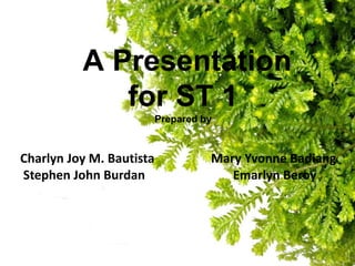 A Presentation
for ST 1
Prepared by
Charlyn Joy M. Bautista Mary Yvonne Badiang
Stephen John Burdan Emarlyn Beroy
 