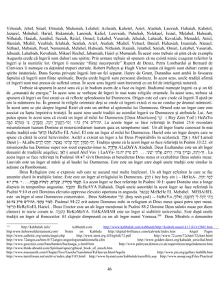 Vehuiah, Jeliel, Sitael, Elmaiah, Mahaisah, Lelahel, Achaiah, Kahetel, Aziel, Aladiah, Lauviah, Hahaiah, Kahetel,
Jezazel, Mebahel, Hariel, Hakamiah, Lanoiah, Kaliel, Leuvaiah, Pahaliah, Nelekael, Jeiael, Melahel, Hahuiah,
Nithaiah, Haaiah, Jerathel, Seeiah, Reiiel, Omael, Lekabel, Vasariah, Jehuiah, Lahaiah, Kevakiah, Menadel, Aniel,
Hamiah, Miahil, Veubiah, Ielahiah, Sealiah, Ariel, Asaliah, Miahel, Vehuel, Daniel, Hahasiah, Imamiah, Nanael,
Nithael, Mebaiah, Poiel, Nemamiah, Melahel, Hahuiah, Nithaiah, Haaiah, Jerathel, Seeiah, Omiel, Lekabel, Vasariah,
Jehuiah, Lahabiah, Kevahiah, Mikael Rochel, Jabamiah, Haiel şi Mumaiah. În acest sens trebuie să ştim că de exemplu
Augustin crede că îngerii sunt duhuri sau spirite. Prin urmare trebuie să spunem că nu există nimic exagerat referitor la
îngeri şi la numirile lor. Origen îi numeşte “fiinţe necorporale” Rupert de Deutz, Petru Lombardul şi Bernard de
Clarvieux îi numeşte ca deţinând trupuri eteriale. Robert Pulleyn şi Hugh Victor susţin că îngerii sunt duhuri curate şi
spirite imateriale. Duns Scotus priveşte îngerii într-un fel separat. Henry de Grant, Durandus sunt ambii în favoarea
faptului că îngerii sunt fiinţe spirituale. Boeţiu crede îngerii sunt persoane distincte. În acest sens, unele tradiţii afirmă
că îngerii sunt mai presus de sufletul uman. În acest sens îngerii sunt înzestraţi cu un fel de inteligenţă naturală.
Trebuie să spunem în acest sens că şi în budism avem de a face cu îngeri. Budismul numeşte îngerii ca şi un fel
de „emanaţii de energie.” În acest sens se vorbeşte de îngeri în mai toate religiile orientale. În acest sens, trebuie să
spunem că îngeri au fost creaţi ca să reflecte splendoarea lui Dumnezeu. Origen este cel care crede că îngerii îl ajută pe
om la mântuirea lui. În genreal în religile orientale deşi se crede că îngerii există ei nu ne conduc pe drumul mântuirii.
În acest sens se ştie despre îngerul Reiel că este un atribut al ajutorului lui Dumnezeu. Orneal este un înger care este
asociat cu lupta împotriva tristeţii. În acest sens unele tradiţii au asimilat îngerii cu Dumnezeu şi atributele Lui. Am
putea spune în acest sens că există un înger al milei lui Dumnezeu [Deus Misericors] ‫י‬ֹ‫ז‬ָ‫ה‬ֵ ( Hey Zain Yod ) HeZaYo
‫כה:ו‬ ‫פרק‬ ‫תהילים‬‫מה‬ָּ‫ה‬ֵ ‫לם‬ָ‫ו‬ֹ‫מע‬ֵ ‫כי‬ִּ :‫ך‬ָ‫די‬ֶ‫ס‬ָ‫ח‬ֲ‫ו‬ַ ,‫וה‬ָ‫יה‬ְ ‫ך‬ָ‫מי‬ֶ‫ח‬ֲ‫ר‬ַ-‫כר‬ֹ‫ז‬ְ . La aceste înger se face referinţă în Psalmi 25:6 recordare
miserationum tuarum Domine et misericordiarum tuarum quia ex sempiterno sunt. Un alt înger foarte cunoscut în mai
multe tradiţii este ‫אל‬ֵ‫י‬ֹ‫ז‬ָ‫ה‬ֵ HeZaYo EL Aziel. El este un înger al milei lui Dumnezeu. Haziel este un înger despre care se
spune că cântă în corul heruvimilor. Astfel a existat un înger a lui Deus Propitiabilis în scolastică. ‫ד‬ַ‫ל‬ָ‫א‬ָ ( Alef Lamed
Dalet ) - ALaDa ‫ךים‬ְ‫ל‬ָ ‫ו‬ּ‫לנ‬ְ‫ח‬ַ‫י‬ִ ,‫שר‬ֶׁ ‫א‬ֲ‫כ‬ַּ :‫ו‬ּ‫לינ‬ֵ‫ע‬ָ ‫וה‬ָ‫יה‬ְ ‫ך‬ָ‫ד‬ְּ‫ס‬ְ‫ח‬ַ-‫הי‬ִ‫י‬ְ. Tradiţia spune că la acest înger se face referinţă în Psalmi 33:22: sit
misericordia tua Domine super nos sicut expectavimus te. ‫יה‬ָ‫ד‬ַ‫ל‬ָ‫א‬ָ ALaDaYA Aladiah. Deus Exaltandus este un alt înger
denumit de tradiţiile angelice. ‫ו‬ָ‫א‬ָ‫ל‬ָ ( amed Alef Vav ) LaAVa- ‫עי‬ִ‫ש‬ְׁ ‫י‬ִ ‫הי‬ֵ‫ל‬ֹ‫א‬ֱ ,‫ום‬ּ‫יר‬ָ‫ו‬ְ ;‫רי‬ִ‫ו‬ּ‫צ‬ ‫ך‬ְ‫ו‬ּ‫בר‬ָ‫ו‬ּ ,‫וה‬ָ‫יה‬ְ-‫חי‬ַ.. .‫יח:מז‬ ‫פרק‬ ‫לים‬ . La
acest înger se face referinţă în Psalmul 18:47 vivit Dominus et benedictus Deus meus et exaltabitur Deus salutis meae.
Lauviah este un înger al mării şi al laudei lui Dumnezeu. Este este un înger care după unele tradiţii este similar în
acţiune cu Rombomare.
Deus Refugium este o expresie sub care se ascund mai multe înţelesuri. Un alt înger referitor la care se fac
anumite aluzii în tradiţiile latine. Este este un înger al refugiului în Dumnezeu. ‫ע‬ָ‫ה‬ֵ‫ה‬ֵ ( hey hey ain ) – HeHeA- ,‫וה‬ָ‫יה‬ְ ‫מה‬ָ‫ל‬ָ
‫רה‬ָ‫צ‬ָּ‫ב‬ַּ ‫ות‬ֹ‫ת‬ּ ‫ע‬ִ‫ל‬ְ ,‫לים‬ִ‫ע‬ְ‫ת‬ַּ ;‫וק‬ֹ‫רח‬ָ‫ב‬ְּ ‫מד‬ֹ‫ע‬ֲ‫ת‬ַּ..‫י:א‬ ‫.פרק‬ ‫י‬ . . . La acest înger se face referinţe în Psalmi 10:1: quare Domine stas a longe
dispicis in temporibus angustiae. ‫יה‬ָ‫ע‬ָ‫ה‬ֵ‫ה‬ֵ HeHeAYA Hahaiah. După unele autorităţi la acest înger se face referinţă în
Psalmi 9:10 et erit Dominus elevatio oppresso elevatio oportuna in angustia. ‫אל‬ֵ‫ה‬ֵ‫ב‬ֵ‫מ‬ֵ MeBeHe EL Mebahel. MEBAHEL
este un înger al unui Dumnezeu conservator. . Deus Sublenator ‫י‬ֹ‫ר‬ֵ‫ה‬ֵ (hey resh yod) –- HeReYo ,‫הי‬ַ‫ל‬ֹ‫וא‬ֵ ;‫גב‬ָּ‫ש‬ְׂ ‫מ‬ִ‫ל‬ְ ‫לי‬ִ ‫וה‬ָ‫יה‬ְ ‫הי‬ִ‫י‬ְ‫ו‬ַ
‫סי‬ִ‫ח‬ְ‫מ‬ַ ‫ור‬ּ‫לצ‬ְ..‫צד:כב‬ ‫פרק‬ ‫תהילים‬ . Psalmul 94:22 erit autem Dominus mihi in refugium et Deus meus quasi petra spei meae.
‫אל‬ֵ‫י‬ֹ‫ר‬ֵ‫ה‬ֵ HeReYoEL Hariel. . Deus Erector este un alt înger menţionat în Psalmi 88:2 Domine Deus salutis meae per diem
clamavi in nocte coram te. ‫יה‬ָ‫מ‬ֵ‫ק‬ֹ‫ה‬ֵ HeKoMeYA. HAKAMIAH este un înger al stabilirii universului. Este după unele
tradiţii un înger al francezilor. El slujeşte dimpreună cu un alt înger numit Verasua.200
Deus Mirabils o denumitre
200
http://kabbalah.info/ kabbalah.com http://www.kabbalah.com/kabbalah/http://kodesh.snunit.k12.il/i/t/t2601.htm
http.www.hebrewoldtestament.com/ Notes on Kabbala http://digital-brilliance.com/kab/nok/index.htm . Angel Pages
http://www.catholic.org/saints/angel.php http://www.tarot.org.il/English/72.pdf http://www.72.com/72chart/72chart.html
http://www.72anges.ca/htm-fr/72anges-angeologietraditionnelle.cfm http://www.golden-dawn.org/kabalah_unveiled.html
http://www.geocities.com/franzbardon/buchnaga_e.html#intr http://www.palmyra.demon.co.uk/superstition/angelsdemons.htm
http://www.think-aboutit.com/Spiritual/apocryphical_book_of_enoch.htm
http://www.mazzaroth.com/ChapterTwo/EnochsTranslationToHeaven.htm#Aquila http://www.prs.org/gallery-kabblh.htm
http://www.tarotforum.net/archive/index.php/f-85.html http://www.byzant.com/kabbalah/treeoflife.asp http://www.moup.org/Files/Practical
46
 