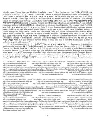 ştiinţelor exacte. Este un înger care îl întâlnim în tradiţiile etrusce.202
. Deus Largitor ‫ה‬ֵ‫ת‬ָ ‫נ‬ֻ ( Nun Tet Hey ) NuTaHe ‫דה‬ֶ‫ו‬ֹ‫א‬
‫ך‬ָ‫תי‬ֶ ‫ו‬ֹ‫לא‬ְ‫פ‬ְ‫נ‬ִ-‫כל‬ָּ ,‫רה‬ָ‫פ‬ְּ‫ס‬ַ‫א‬ֲ ;‫בי‬ִּ‫ל‬ִ-‫כל‬ָ‫ב‬ְּ ,‫וה‬ָ‫יה‬ְ. Psalm 9:2 confitebor Domino in toto corde meo narrabo omnia mirabilia tua ‫יה‬ָ‫ה‬ֵ‫ת‬ָ ‫נ‬ֻ
Deus Auditor in abscondito ‫א‬ָ‫א‬ָ‫ה‬ֵ ( Hey Alef Alef ) He A A ‫רה‬ָ‫צ‬ֹּ‫א‬ֶ ‫ך‬ָ‫קי‬ֶּ‫ח‬ֻ ;‫וה‬ָ‫יה‬ְ ‫ני‬ִ‫נ‬ֵ‫ע‬ֲ ,‫לב‬ֵ-‫כל‬ָ‫ב‬ְ ‫תי‬ִ ‫רא‬ָ‫ק‬ָ.‫פסוק‬ ,‫קיט‬ ‫פרק‬ ‫תהילים‬
‫קמה‬Psalm 119:145 119:145 coph clamavi in toto corde exaudi me Domine praecepta tua custodiam. Este un înger
Haaiah este un înger al contemplaţiei. Deus Sublator malorum ‫ה‬ֵ‫א‬ָ‫ש‬ִ ( Shin Alef Hey ) ShiAHe ‫הי‬ַ‫ל‬ֹ‫א‬ֱ ;‫ני‬ִּ‫מ‬ֶּ‫מ‬ִ ‫חק‬ַ‫ר‬ְ‫ת‬ִּ -‫אל‬ַ ,‫הים‬ִ‫ל‬ֹ‫א‬ֱ
‫שה‬ָׁ ‫ו‬ּ‫)ח‬ ‫שה‬ָׁ ‫י‬ּ‫ח‬ ‫תי‬ִ ‫ר‬ָ‫ז‬ְ‫ע‬ֶ‫ל‬ְ ‫וה‬ָ‫יה‬ְ) Psalms 71:12 Deus ne elongeris a me Deus meus ad auxiliandum mihi festina. Acesui atribut îi
corespunde un înger vindecător. SEHEIAH este un înger al asirienilor. Deus Expectatio (The expected God); ‫י‬ֹ‫י‬ֹ‫ר‬ֵ ( Resh
Yod Yod ) ‫שי‬ִׁ ‫פ‬ְ‫נ‬ַ ‫כי‬ֵ‫מ‬ְ‫ס‬ֹ‫ב‬ְּ ,‫ני‬ָ‫ד‬ֹ‫א‬ֲ ;‫וה‬ָ‫יה‬ְ ‫לי‬ִ ‫זר‬ֵ‫ע‬ֹ ,‫הים‬ִ‫ל‬ֹ‫א‬ֱ ‫נה‬ֵּ‫ה‬ִ Psalm 54:6 ecce Deus auxiliatur mihi Dominus sustentans animam
meam. Reiiel este un înger al spiritului religiei. REIIEL este un înger al peruvienilor. ‫אל‬ֵ‫מ‬ֵ‫ו‬ָ‫א‬ָ Ornael este un înger al
chimiei, al medicinii şi al doctorilor. Este un înger care se crede că are mari afinităţi cu anatomia şi cu medicina. Omael
este un înger al răbdării lui Dumnezeu. El slujeşte cu îngerul Fuonisie. Deus Doctor ‫ב‬ֵ‫כ‬ָ‫ל‬ָ ( lamed caf bet ) LaCaBe
‫ך‬ָ‫ד‬ֶּ‫ב‬ַ‫ל‬ְ ‫ך‬ָ‫ת‬ְ ‫ק‬ָ‫ד‬ְ‫צ‬ִ ‫כיר‬ִּ‫ז‬ְ‫א‬ַ ;‫וה‬ִ‫יה‬ְ ‫ני‬ָ‫ד‬ֹ‫א‬ֲ ,‫ות‬ֹ‫בר‬ֻ‫ג‬ְ‫ב‬ִּ--‫וא‬ֹ‫אב‬ָ Psalm 71:16 ingrediar in fortitudine Domini Dei recordabor iustitiae tuae solius
Lecabel este un înger al inspirtaţiei lui Dumnezeu. Deus Rectus ‫ר‬ֵ‫ש‬ִ ‫ו‬ָ ( Vav Shin Rersh ) VaShiRe -‫כל‬ָ‫ו‬ְ ;‫וה‬ָ‫יה‬ְ-‫בר‬ַ‫ד‬ְּ ‫שר‬ָׁ ‫י‬ָ-‫כי‬ִּ
‫נה‬ָ‫ו‬ּ‫אמ‬ֱ‫ב‬ֶּ ,‫ו‬ּ‫שה‬ֵׂ ‫ע‬ֲ‫מ‬ַ Psalm 33:4 quia rectum est verbum Domini et omne opus eius in fide ‫יה‬ָ‫ר‬ֵ‫ש‬ִ ‫ו‬ָ Vasariah este un înger al
atributelor dreptăţii lui Dumnezeu.203
Deus Omnium cognitor ‫ו‬ָ‫ח‬ֵ‫י‬ֹ () – YoCheVa204
ְ‫ל‬‫ב‬ֶ‫ה‬ָ ‫מה‬ָּ‫ה‬ֵ-‫כי‬ִּ :‫דם‬ָ‫א‬ָ ‫ות‬ֹ‫שב‬ְׁ ‫ח‬ְ‫מ‬ַ ,‫ע‬ַ‫ד‬ֵ‫י‬ֹ--‫וה‬ָ‫.ה‬ Dominus novit cogitationes
hominum quia vanae sunt 94:11 The LORD knoweth the thoughts of man, that they are vanity. ‫יה‬ָ‫ו‬ָ‫ח‬ֵ‫י‬ֹ IEHUIAH Deus
Clemens ‫ח‬ֵ‫ה‬ֵ‫ל‬ָ ( Lamed Hey Chet ) LaHeChe ‫לם‬ָ‫ו‬ֹ‫עד-ע‬ַ‫ו‬ְ ,‫תה‬ָּ ‫ע‬ַ‫מ‬ֵ --‫וה‬ָ‫יה‬ְ-‫אל‬ֶ ,‫אל‬ֵ‫ר‬ָ‫ש‬ְׂ ‫י‬ִ ‫חל‬ֵ‫י‬ַ131:3 expecta Israhel Dominum amodo
et usque in aeternum ‫יה‬ָ‫ח‬ֵ‫ה‬ֵ‫ל‬ָ Lehahiah este un înger care corespunde unui Dumnezeu milostiv. În Congo acest înger este
numit Aneb. LEHAHIAH este un înger al armoniei. După unele tradiţii el este un înger care sluejşte cu îngerul Topitus.
El mai este asociat cu un înger al păcii. Deus Gaudiosus este un termen teologic care înseamnă ‫ק‬ֹ‫ו‬ָ‫כ‬ָ ( Caf Vav Kof )
CaVaKo ‫ני‬ָ‫ו‬ּ‫חנ‬ֲ‫ת‬ַּ ,‫לי‬ִ‫ו‬ֹ‫את-ק‬ֶ --‫וה‬ָ‫יה‬ְ ‫מע‬ַ‫ש‬ְׁ ‫י‬ִ-‫כי‬ִּ ,‫תי‬ִּ ‫ב‬ְ‫ה‬ַ‫א‬ָ Psalm 116:1 1 dilexi quoniam audies Domine vocem deprecationis meae
202
kabbalah.info http://kabbalah.info/ kabbalah.com http://www.kabbalah.com/kabbalah/ http://kodesh.snunit.k12.il/i/t/t2601.htm
http://www.hebrewoldtestament.com/ http://digital-brilliance.com/kab/nok/index.htm http://www.catholic.org/saints/angel.php
http://www.tarot.org.il/English/72.pdf http://www.72.com/72chart/72chart.html http://www.72anges.ca/htm-fr/72anges-
angeologietraditionnelle.cfm http://www.golden-dawn.org/kabalah_unveiled.html http://www.geocities.com/franzbardon/buchnaga_e.html#intr
http://www.palmyra.demon.co.uk/superstition/angelsdemons.htm http://www.think-aboutit.com/Spiritual/apocryphical_book_of_enoch.htm
http://www.mazzaroth.com/ChapterTwo/EnochsTranslationToHeaven.htm#Aquila http://www.prs.org/gallery-kabblh.htm
http://www.tarotforum.net/archive/index.php/f-85.html http://www.byzant.com/kabbalah/treeoflife.asp http://www.moup.org/Files/Practical
%20Kabbalah%20Work%20In%20Progress.pdf http://emol.org/para/paralinks.html www.pyracantha.com/zjc3.html
http://www.avesta.org/angels.html.
203
http://kabbalah.info/ http://www.kabbalah.com/kabbalah/ http://kodesh.snunit.k12.il/i/t/t2601.htm http://www.hebrewoldtestament.com/
http://digital-brilliance.com/kab/nok/index.htm http://www.catholic.org/saints/angel.php http://www.tarot.org.il/English/72.pdf
http://www.72.com/72chart/72chart.html http://www.72anges.ca/htm-fr/72anges-angeologietraditionnelle.cfm http://www.golden-
dawn.org/kabalah_unveiled.html http://www.geocities.com/franzbardon/buchnaga_e.html#intr
http://www.palmyra.demon.co.uk/superstition/angelsdemons.htm http://www.think-aboutit.com/Spiritual/apocryphical_book_of_enoch.htm
http://www.mazzaroth.com/ChapterTwo/EnochsTranslationToHeaven.htm#Aquila http://www.prs.org/gallery-kabblh.htm
http://www.tarotforum.net/archive/index.php/f-85.html http://www.byzant.com/kabbalah/treeoflife.asp http://www.moup.org/Files/Practical
%20Kabbalah%20Work%20In%20Progress.pdf http://emol.org/para/paralinks.html www.pyracantha.com/zjc3.html
http://www.avesta.org/angels.html.
204
http://kabbalah.info/ kabbalah.com http://www.kabbalah.com/kabbalah/ http://kodesh.snunit.k12.il/i/t/t2601.htm
http://www.hebrewoldtestament.com/ http://digital-brilliance.com/kab/nok/index.htm http://www.catholic.org/saints/angel.php
http://www.tarot.org.il/English/72.pdf http://www.72.com/72chart/72chart.html http://www.72anges.ca/htm-fr/72anges-
angeologietraditionnelle.cfm http://www.golden-dawn.org/kabalah_unveiled.html http://www.geocities.com/franzbardon/buchnaga_e.html#intr
http://www.palmyra.demon.co.uk/superstition/angelsdemons.htm http://www.think-aboutit.com/Spiritual/apocryphical_book_of_enoch.htm
http://www.mazzaroth.com/ChapterTwo/EnochsTranslationToHeaven.htm#Aquila http://www.prs.org/gallery-kabblh.htm
http://www.tarotforum.net/archive/index.php/f-85.html http://www.byzant.com/kabbalah/treeoflife.asp http://www.moup.org/Files/Practical
%20Kabbalah%20Work%20In%20Progress.pdf http://emol.org/para/paralinks.html www.pyracantha.com/zjc3.html
http://www.avesta.org/angels.html.
48
 