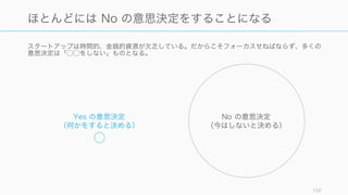 まずは個人の意思決定プレイリストの作成から始めてみることをお勧めする。またプレイリスト自体
に合意をして公正さを保つことが必要なので忘れないこと。
102
組織の意思決定プロセスを作る
プレイリストの例
たとえば意思決定の前には必ず以下の項目をプレイす
るものとする。
• 選択肢を 3 つ以上 えてから意思決定する
• 反対意見を必ず出す
• 予測をするときには必ず幅を持たせる
• 事前検死を行う
• ⃝円以上の投資が必要な場合、必ず小規模な実験を
行う
• 必ず全員での Silent Vote を行ってから、責任者が
責任を持って決定する
GOFER プロセス
たとえば GOFER プロセス (Mann, 1988) などの採用
を検討してみても良い。
GOFER は以下の要素で構成される。
• Goal (目的) の明確化
• Option (選択肢) の創出
• Fact (事実) の特定
• Effect (影響) の考察
• Review (評価) と実践
 