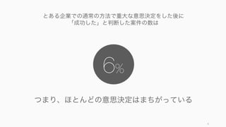 4
時間と資源の乏しいスタートアップは、
をするために、より良い
をしないと生き残れない
意思決定
Focus
 