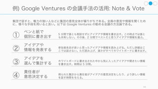 スタートアップはその性質上、定性的な情報が情報収集の中心となることが多い。
44
スタートアップは定性的な情報に頼ることが多い
定量的な (Quantitative) 情報
スタートアップは以下のような状況に置かれることが
多く、定量的な情報が得難い。
• 新規市場を狙うから、市場データがない
• 顧客がいないから、顧客データがない
• プロダクトを使っている人が少ないから、プロダク
トに関する十分なデータがない
• 競合が急成長しているから、数ヶ月前の過去のデー
タですらあてにならない
• データを買うお金がない
定性的な (Qualitative) 情報
スタートアップには少数の顧客しかいないが、その分
会社と顧客（あるいは現場）が近いので、定性的で微
細な情報を集めやすい。
また定性的な情報から深みのある洞察が得られること
が多く、それがスタートアップの武器となりやすい。
スタートアップの初期は
定性的な情報に頼ることが多い
スタートアップの環境では
定量的な情報が手に入らない場合が多い
 
