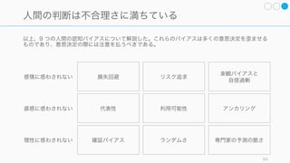69
複数の視点から検証する
自説を補強する情報ばかり集めないで、たとえばトップダウンの推定に対してはボトム
アップでの推定も行って、両方の視点から間違いないかを検証するなど、様々な視点か
ら情報を検証する必要がある。
 
