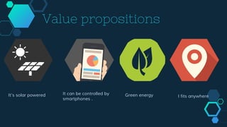 It’s solar powered It can be controlled by
smartphones .
Green energy I fits anywhere
Value propositions
 
