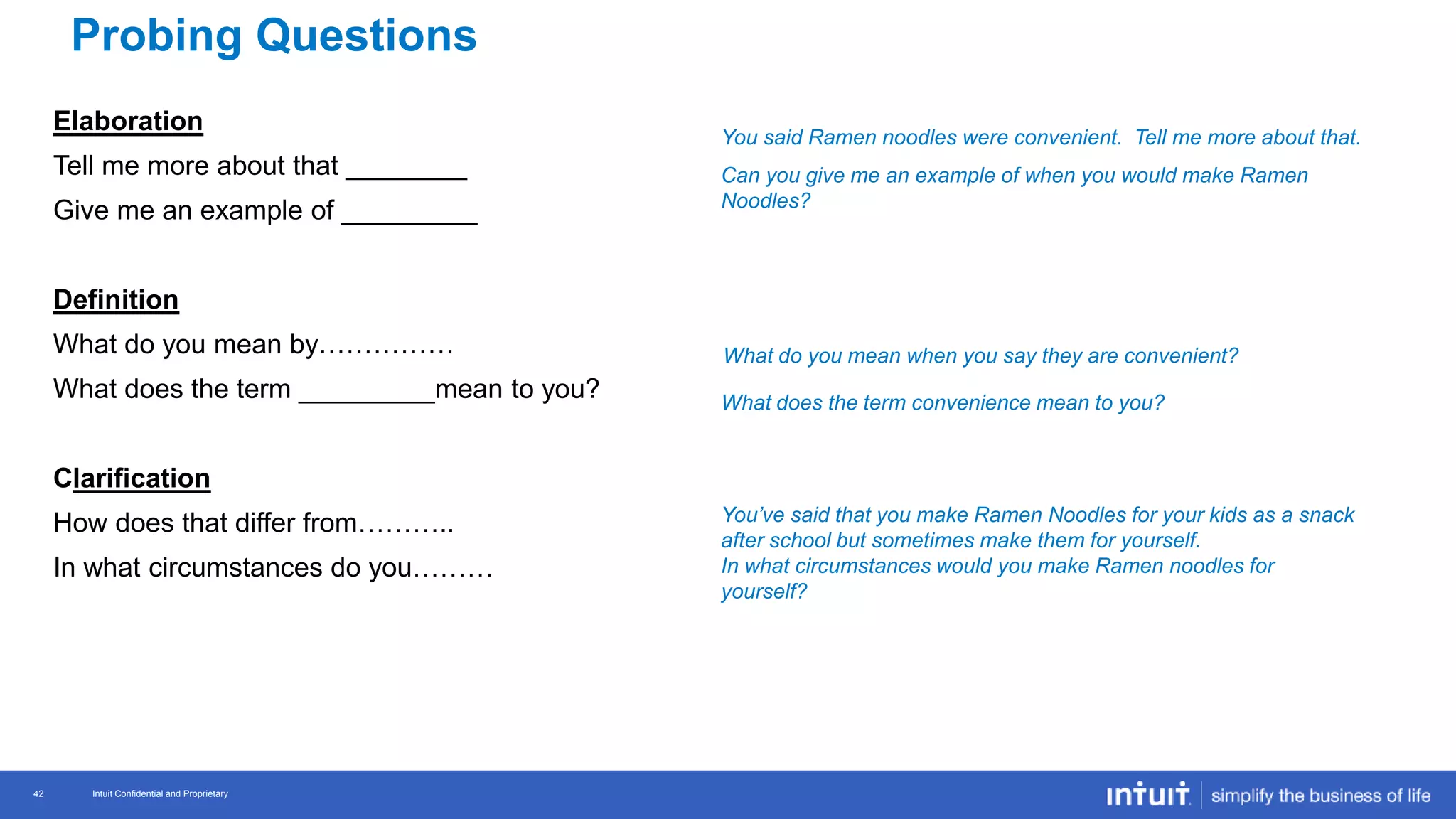 Intuit Confidential and Proprietary 42
Intuit Confidential and Proprietary42
Elaboration
Tell me more about that ________
Give me an example of _________
Definition
What do you mean by……………
What does the term _________mean to you?
Clarification
How does that differ from………..
In what circumstances do you………
You said Ramen noodles were convenient. Tell me more about that.
Can you give me an example of when you would make Ramen
Noodles?
What do you mean when you say they are convenient?
What does the term convenience mean to you?
You’ve said that you make Ramen Noodles for your kids as a snack
after school but sometimes make them for yourself.
In what circumstances would you make Ramen noodles for
yourself?
Probing Questions
 