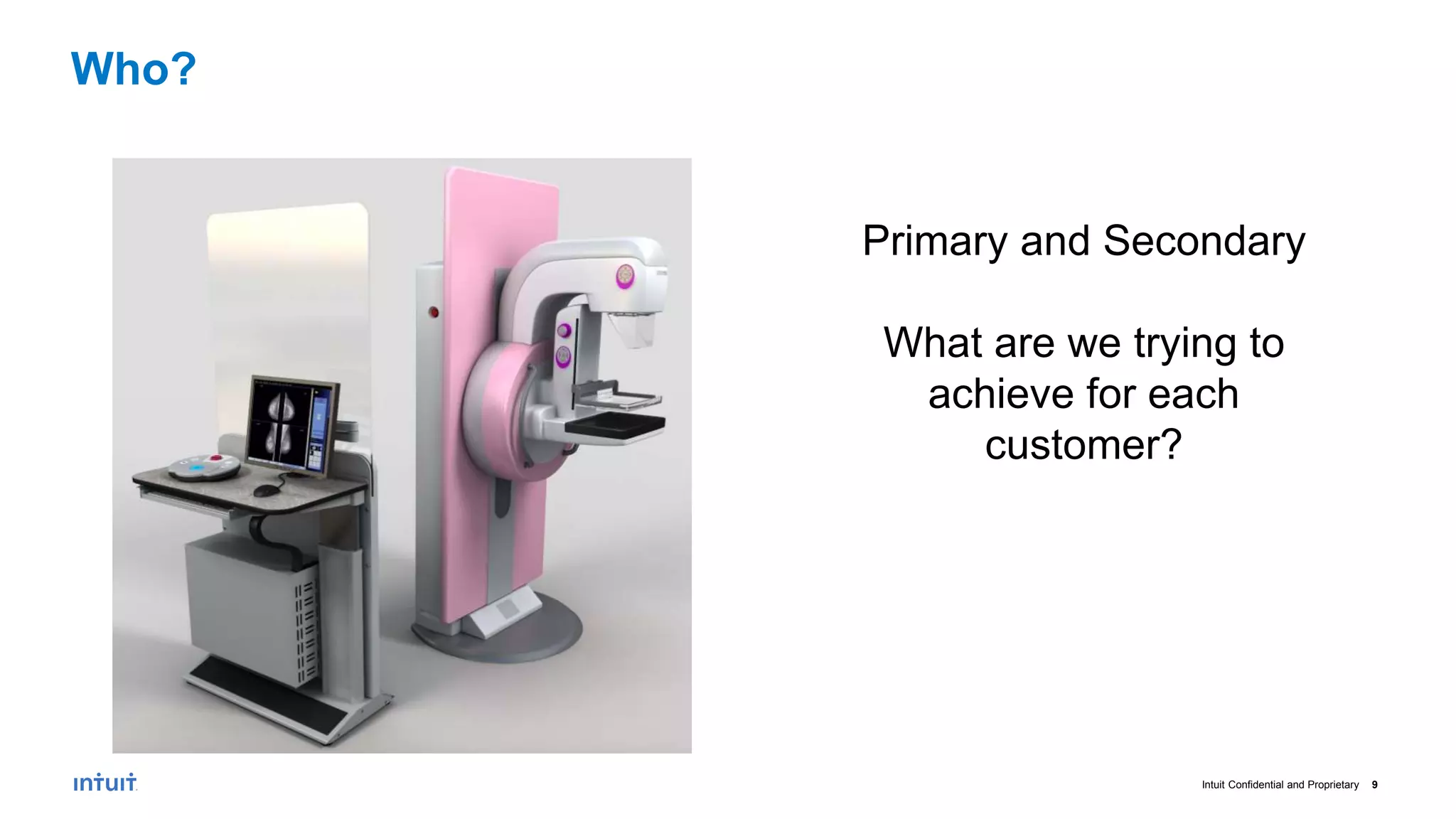 Intuit Confidential and Proprietary 9
Who?
Primary and Secondary
What are we trying to
achieve for each
customer?
 