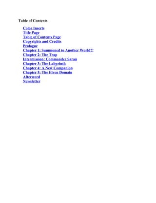 Table of Contents
Color Inserts
Title Page
Table of Contents Page
Copyrights and Credits
Prologue
Chapter 1: Summoned to Another World?!
Chapter 2: The Trap
Intermission: Commander Saran
Chapter 3: The Labyrinth
Chapter 4: A New Companion
Chapter 5: The Elven Domain
Afterword
Newsletter
 