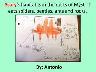 Scary’s habitat is in the rocks of Myst. It
 eats spiders, beetles, ants and rocks.




               By: Antonio
 
