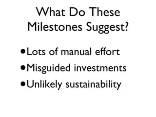 What Do These Milestones Suggest? Lots of manual effort Misguided investments Unlikely sustainability