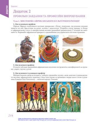 Додаток 2
ПРОФІЛЬНІ ЗАВДАННЯ ТА ПРОФЕСІЙНІ ВИПРОБУВАННЯ
Тема 1. МИСТЕЦТВО АФРИКАНСЬКОГО КУЛЬТУРНОГО РЕГІОНУ
1. Для художнього профілю
Народи Африки оздоблювали костюми прикрасами з бісеру: підвісками, численними низками
намиста на шиї, браслетами на руках, колінах і щиколотках. Розробіть ескізи прикрас із бісеру
в «африканському стилі» (з використанням мотивів традиційної орнаментики). У вільний час вико-
найте їх. Порівняйте африканські прикраси із традиційними для українського костюма ґерданами.
2. Для музичного профілю
Складіть таблицю традиційних африканських музичних інструментів, класифікуючи їх за група-
ми: ударні, струнні, духові.
3. Для музичного і художнього профілів
Використовуючи джерела інтернету, доберіть традиційну музику, якою доцільно супроводжува-
ти виставку африканського живопису тінга-тінга (назва за прізвищем творця цього стилю худож-
ника Едварда Саїді Тінгатінга) — «візитної картки» Танзанії.
Додатки
ДОДАТКИ
214
214
Право для безоплатного розміщення підручника в мережі Інтернет має
Міністерство освіти і науки України http://mon.gov.ua/ та Інститут модернізації змісту освіти https://imzo.gov.ua
 