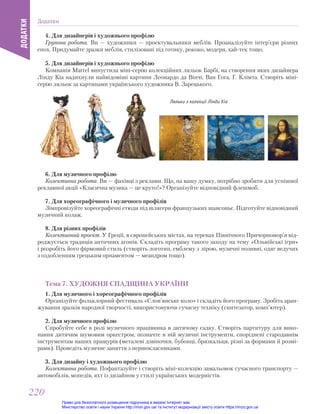 4. Для дизайнерів і художнього профілю
Групова робота. Ви — художники — проектувальники меблів. Проаналізуйте інтер’єри різних
епох. Придумайте зразки меблів, стилізовані під готику, рококо, модерн, хай-тек тощо.
5. Для дизайнерів і художнього профілю
Компанія Mattel випустила міні-серію колекційних ляльок Барбі, на створення яких дизайнера
Лінду Кіа надихнули найвідоміші картини Леонардо да Вінчі, Ван Гога, Г. Клімта. Створіть міні-
серію ляльок за картинами українського художника В. Зарецького.
6. Для музичного профілю
Колективна робота. Ви — фахівці з реклами. Що, на вашу думку, потрібно зробити для успішної
рекламної акції «Класична музика — це круто!»? Організуйте відповідний флешмоб.
7. Для хореографічного і музичного профілів
Зімпровізуйте хореографічні етюди під шлягери французьких шансоньє. Підготуйте відповідний
музичний колаж.
8. Для різних профілів
Колективний проект. У Греції, в європейських містах, на теренах Північного Причорномор’я від-
роджується традиція античних агонів. Складіть програму такого заходу на тему «Ольвійські ігри»
і розробіть його фірмовий стиль (створіть логотип, емблему з лірою, музичні позивні, одяг ведучих
з оздобленням грецьким орнаментом — меандром тощо).
Тема 7. ХУДОЖНЯ СПАДЩИНА УКРАЇНИ
1. Для музичного і хореографічного профілів
Організуйте фольклорний фестиваль «Слов’янське коло» і складіть його програму. Зробіть аран-
жування зразків народної творчості, використовуючи сучасну техніку (синтезатор, комп’ютер).
2. Для музичного профілю
Спробуйте себе в ролі музичного працівника в дитячому садку. Створіть партитуру для вико-
нання дитячим шумовим оркестром, позначте в ній музичні інструменти, споріднені стародавнім
інструментам наших пращурів (металеві дзвіночки, бубонці, брязкальця, різні за формами й розмі-
рами). Проведіть музичне заняття з першокласниками.
3. Для дизайну і художнього профілю
Колективна робота. Пофантазуйте і створіть міні-колекцію замальовок сучасного транспорту —
автомобілів, мопедів, яхт із дизайном у стилі українських модерністів.
Ляльки з колекції Лінди Кіа
Додатки
ДОДАТКИ
220
220
Право для безоплатного розміщення підручника в мережі Інтернет має
Міністерство освіти і науки України http://mon.gov.ua/ та Інститут модернізації змісту освіти https://imzo.gov.ua
 