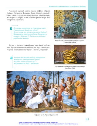 Які твори мистецтва за сюжетами міфів
Стародавньої Греції вам відомі?
Чи є з-поміж них ті, що присвячені Орфею?
Поцікавтеся втіленням образу Прометея у
творах І. Франка, С. Людкевича та інших
українських митців.
Карл Міллес. Фонтан «Викрадення Європи»,
Стокгольм, Швеція
Пол Меншип. Прометей в Рокфеллер-центрі,
Нью-Йорк, США
Численні варіації мають також міфічні образи
Орфея, Прометея, Геракла, Енея. Митці європей-
ських країн — художники, скульптори, композитори,
режисери — творчо осмислювали грецькі міфи мо-
вою різних мистецтв.
Греція — колиска європейської цивілізації та її ве-
личі. Греки заклали основи багатьох наук і мистецтв.
У Греції виникли слова «муза», «музей», «музика».
Які види мистецтва набули найбільшого
поширення у Стародавній Греції?
Назвіть імена грецьких муз —
покровительок наук і мистецтв.
Рафаель Санті. Парнас (фрагмент)
Мистецтво європейського культурного регіону
93
93
Право для безоплатного розміщення підручника в мережі Інтернет має
Міністерство освіти і науки України http://mon.gov.ua/ та Інститут модернізації змісту освіти https://imzo.gov.ua
 
