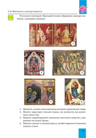 135
§ 16. мистецтво в культурі минулого
Розгляньте ілюстрації. пригадайте назви зображених шедеврів жи-
вопису і виконайте завдання.
1.	 Визначте, до яких стилів мистецтва належать представлені твори.
2.	 Назвіть характерні стильові ознаки, які допомогли вам розпіз-
нати кожен твір.
3.	 Коротко охарактеризуйте живописне мистецтво минулого, опи-
раючись на подані зразки.
4.	 Виділіть спільні та відмінні риси у засобах виразності живопису
кожного стилю.
1
32
54
 