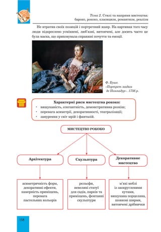 158
Не втратив своїх позицій і портретний жанр. На картинах того часу
люди підкреслено усміхнені, люб’язні, витончені, але досить часто це
була маска, що приховувала справжні почуття та емоції.
Характерні риси мистецтва рококо:
	 вишуканість, елегантність, демонстративна розкіш;
	 перевага асиметрії, декоративності, театралізації;
	 занурення у світ мрій і фантазій.
декоративне
мистецтво
скульптураархітектура
асиметричність форм,
декоративні ефекти,
камерність приміщень,
перевага
пастельних кольорів
м’які меблі
із заокругленими
кутами,
вишукана порцеляна,
шовкові ширми,
витончені дрібнички
рельєфи,
невеликі статуї
для садів, парків та
приміщень, фонтанні
скульптури
Мистецтво рококо
Тема 2. Стилі та напрями мистецтва:
бароко, рококо, класицизм, романтизм, реалізм
Ф. Буше.
«Портрет мадам
де Помпадур». 1756 р.
 