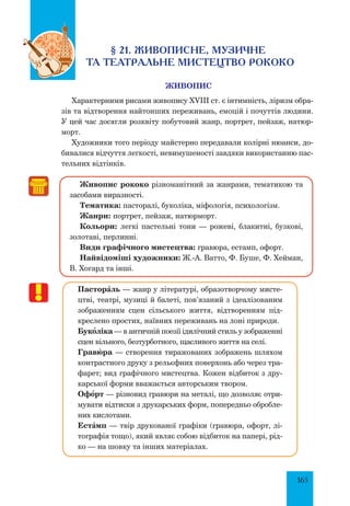 165
§ 21. Живописне, музичне
та театральне мистецтво рококо
Живопис
Характерними рисами живопису XVIII ст. є інтимність, ліризм обра-
зів та відтворення найтонших переживань, емоцій і почуттів людини.
У цей час досягли розквіту побутовий жанр, портрет, пейзаж, натюр-
морт.
Художники того періоду майстерно передавали колірні нюанси, до-
бивалися відчуття легкості, невимушеності завдяки використанню пас-
тельних відтінків.
Живопис рококо різноманітний за жанрами, тематикою та
засобами виразності.
Тематика: пасторалі, буколіка, міфологія, психологізм.
Жанри: портрет, пейзаж, натюрморт.
Кольори: легкі пастельні тони — рожеві, блакитні, бузкові,
золотаві, перлинні.
Види графічного мистецтва: гравюра, естамп, офорт.
Найвідоміші художники: Ж.-А. Ватто, Ф. Буше, Ф. Хейман,
В. Хогард та інші.
ПасторŠль — жанр у літературі, образотворчому мисте-
цтві, театрі, музиці й балеті, пов’язаний з ідеалізованим
зображенням сцен сільського життя, відтворенням під-
креслено простих, наївних переживань на лоні природи.
Букœліка — в античній поезії ідилічний стиль у зображенні
сцен вільного, безтурботного, щасливого життя на селі.
Грав£ра — створення тиражованих зображень шляхом
контрастного друку з рельєфних поверхонь або через тра-
фарет; вид графічного мистецтва. Кожен відбиток з дру-
карської форми вважається авторським твором.
Офœрт — різновид гравюри на металі, що дозволяє отри-
мувати відтиски з друкарських форм, попередньо обробле-
них кислотами.
ЕстŠмп — твір друкованої графіки (гравюра, офорт, лі-
тографія тощо), який являє собою відбиток на папері, рід-
ко — на шовку та інших матеріалах.
 