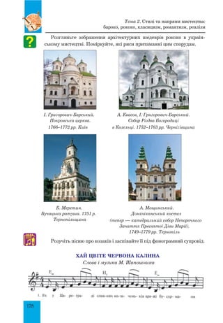 178
Розгляньте зображення архітектурних шедеврів рококо в україн-
ському мистецтві. Поміркуйте, які риси притаманні цим спорудам.
І. григорович-Барський.
Покровська церква.
1766–1772 рр. Київ
А. Квасов, І. григорович-Барський.
Собор Різдва Богородиці
в Козельці. 1752–1763 рр. Чернігівщина
Б. Меретин.
Бучацька ратуша. 1751 р.
Тернопільщина
А. Мощинський.
Домініканський костел
(тепер — катедральний собор Непорочного
Зачаття Пресвятої Діви Марії).
1749–1779 рр. Тернопіль
розучіть пісню про козаків і заспівайте її під фонограмний супровід.♫
Хай цвіте червона калина
Слова і музика М. Шапошника
Тема 2. Стилі та напрями мистецтва:
бароко, рококо, класицизм, романтизм, реалізм
 