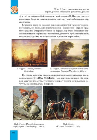 192
ті ж ідеї та композиційні принципи, що і картини Н. Пуссена, але від-
різняються більш витонченим колоритом і віртуозно побудованою пер-
спективою.
Художник тяжів до плавних переходів світлотіні та м’якого розсія-
ного світла, що дозволяло передати ефект «розчинення» обрисів пред-
метів удалині. Фігури персонажів на передньому плані видаються май-
же непомітними порівняно з величними деревами, гірськими схилами,
морською гладінню, на якій ніжними відблисками грає світло.
К. Лоррен. «Ранок у гавані».
1640–ві рр.
К. Лоррен. «Пейзаж зі сценою відпочинку
на шляху в Єгипет (Полудень)». 1661 р.
Ще одним видатним представником французького живопису в пері-
од класицизму був Жак Луї Давід. Його картини, написані під впли-
вом античної культури, утверджують строгу мораль і стриманість по-
чуттів, від них віє духом суворості.
Ж.Л. Давід. «Перехід Бонапарта
через перевал Сен-Бернар». 1801 р.
Ж.Л. Давід.
«Клятва Гораціїв». 1784 р.
Тема 2. Стилі та напрями мистецтва:
бароко, рококо, класицизм, романтизм, реалізм
 