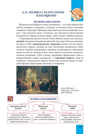 197
§ 25. музика і театр епохи
класицизму
Музичне мистецтво
Музичне життя Європи в епоху класицизму — це поява перших пуб­
лічних концертів, створення у столицях та великих містах музичних
товариств і оркестрів. Оркестри характеризувалися розширеним скла­
дом: з них вилучили орган і клавесин, зате збільшили групи духових
інструментів, зокрема додали кларнет з його м’яким тембром звучання.
У придворному ритуалі значне місце займала музика для дозвілля:
касації (інструментальний ансамблевий твір типу сюїти для виконан­
ня просто неба), дивертисменти, серенади звучали під час трапез,
прогулянок парком, катання на воді. Інтенсивно розвивалося люби­
тельське камерне музикування: вельможі й аристократи, отримавши
модну на той час музичну освіту, охоче грали в невеликих інструмен­
тальних колективах. Саме в цьому середовищі сформувався один із
найважливіших жанрів класицизму — струнний квартет, який за
глибиною і актуальністю образів, багатством музичної канви та побу­
довою форми спроможний змагатися із симфонією.
Інструментальна
музика
струнний квартет,
дивертисмент, серенада,
фортепіанне тріо, сольна
фортепіанна музика
сонатна форма,
сонатно-симфонічний
цикл, класична симфонія
лірична трагедія, опера-
серіа, опера-балет,
опера-буффа, зінгшпіль,
опера-комік та ін.
Оперний
жанр
Музика класицизму
Віденська
школа
А. фон Менцель.
«Концерт у сан-Сусі».
1850–1852 рр.
♫
 