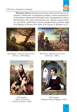 223
Німецька школа живопису романтизму відома реалістичними по-
шуками у пейзажному та портретному жанрах, а також сентименталь-
но-ідилічними зображеннями біблійних сцен і патріархального побуту.
Представники цієї школи наповнювали свої картини меланхолічніс-
тю, чуттєвістю, мрійливістю завдяки використанню розмитих фарб
(К.Д. Фрідріх, К. Блехен, Ф.О. Рунге, К.Ф. Лессінг, К. Шпіцвег та ін.).
К.Д. Фрідріх. «Двоє, що вдивляються
у Місяць». 1825–1830 рр.
Ф.О. Рунге. «Відпочинок на шляху
до Єгипту». 1805 р.
§ 28. Стиль романтизм у живописі
Й.Ф. Овербек.
«Марія і Єлизавета
з Ісусом та Іоаном». 1825 р.
Й.Ф. Овербек.
«Портрет Франца Пфорра». 1810 р.
 