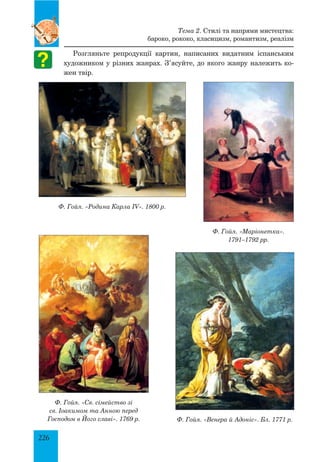 226
Розгляньте репродукції картин, написаних видатним іспанським
художником у різних жанрах. З’ясуйте, до якого жанру належить ко-
жен твір.
Тема 2. Стилі та напрями мистецтва:
бароко, рококо, класицизм, романтизм, реалізм
Ф. Гойя. «Маріонетка».
1791–1792 рр.
Ф. Гойя. «Родина Карла IV». 1800 р.
Ф. Гойя. «Св. сімейство зі
св. Іоакимом та Анною перед
Господом в Його славі». 1769 р. Ф. Гойя. «Венера й Адоніс». Бл. 1771 р.
 