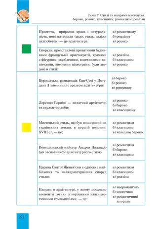 272
Простота, природна краса і натураль-
ність, нові матеріали (скло, сталь, залізо,
залізобетон) — це архітектура:
а) романтизму
б) реалізму
в) рококо
Споруди, представлені приватними будин-
ками французької аристократії, храмами
з фігурним оздобленням, кокетливими ка-
пітелями, високими пілястрами, були зве-
дені в стилі:
а) реалізм
б) класицизм
в) рококо
Королівська резиденція Сан-Сусі у Потс­
дамі (Німеччина) є зразком архітектури:
а) бароко
б) рококо
в) ренесансу
Лоренцо Берніні — видатний архітектор
та скульптор доби:
а) рококо
б) бароко
в) класицизму
Мистецький стиль, що був поширений на
українських землях в першій половині
XVIII ст, — це:
а) романтизм
б) класицизм
в) козацьке бароко
Венеціанський майстер Андреа Палладіо
був засновником архітектурного стилю:
а) романтизм
б) бароко
в) класицизм
Церква Святої Женев’єви є однією з най-
більших та найхарактерніших споруд
стилю:
а) романтизм
б) класицизм
в) реалізм
Напрям в архітектурі, у якому поєднано
елементи готики з виразними класицис-
тичними композиціями, — це:
а) неоромантизм
б) неоготика
в) романтичний
історизм
Тема 2. Стилі та напрями мистецтва:
бароко, рококо, класицизм, романтизм, реалізм
 