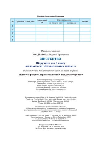 Навчальне видання
Кондратова Людмила Григорівна
мистецтво
Підручник для 8 класу
загальноосвітніх навчальних закладів
Головний редактор Богдан Будний
Редактори Ірина Чорненька, Оксана Базан, Любов Левчук
Обкладинка Володимира Басалиги
Комп’ютерна верстка Галини Кузів
Художній редактор Ростислав Крамар
Технічний редактор Неля Домарецька
Підписано до друку 17.06.2016. Формат 70x100/16. Папір офсетний.
Гарнітура CentSchbook. Друк офсетний. Умовн. друк арк. 23,328.
Умовн. фарбо-відб. 93,312. Обл.-вид. арк. 21,981.
Тираж 130 154 пр. Зам. 207/106
Відомості про стан підручника
№ Прізвище та ім’я учня
Навчальний
рік
Стан підручника
Оцінка
на початку року в кінці року
1
2
3
4
5
Рекомендовано Міністерством освіти і науки України
Видано за рахунок державних коштів. Продаж заборонено
Надруковано на ПП «Юнісофт»
вул. Морозова, 13б, м. Харків, 61036
Свідоцтво серія ДК №3461 від 14.04.2009 р.
Видавництво «Навчальна книга – Богдан»
Свідоцтво про внесення суб’єкта видавничої справи до Державного
реєстру видавців, виготівників і розповсюджувачів видавничої продукції
ДК № 4221 від 07.12.2011 р.
Навчальна книга – Богдан, просп. С. Бандери, 34а, м. Тернопіль, 46002
Навчальна книга – Богдан, а/с 529, м. Тернопіль, 46008
тел./факс (0352)52-06-07; 52-19-66; 52-05-48
office@bohdan-books.com www.bohdan-books.com
 