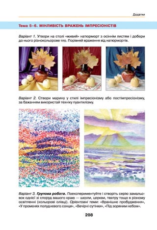 Додатки
Тема 5 -6 . МІНЛИВІСТЬ ВРАЖЕНЬ ІМПРЕСІОНІСТІВ
Варіант 1. Утвори на столі «живий» натюрморт з осіннім листям і добери
до нього різнокольорове тло. Порівняй враження від натюрмортів.
Варіант 2. Створи марину у стилі імпресіонізму або постімпресіонізму,
за бажанням використай техніку пуантилізму.
Варіант 3. Групова робота. Поекспериментуйте і створіть серію замальо­
вок однієї зі споруд вашого краю — школи, церкви, театру тощо в різному
освітленні (кольорові олівці). Орієнтовні теми: «Вранішнє пробудження»,
«У променях полудневого сонця», «Вечірні сутінки», «Під зоряним небом».
208
 