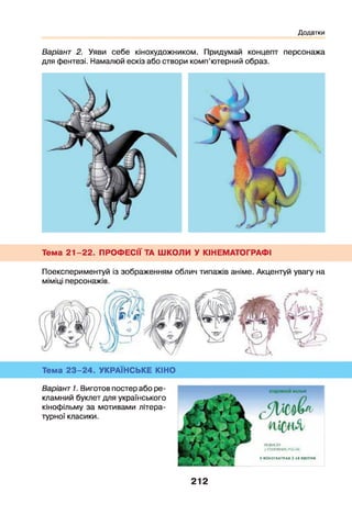 Додатки
Варіант 2. Уяви себе кінохудожником. Придумай концепт персонажа
для фентезі. Намалюй ескіз або створи комп’ютерний образ.
Тема 21-22. ПРОФЕСІЇ ТА ШКОЛИ У КІНЕМАТОГРАФІ
Поекспериментуй із зображенням облич типажів аніме. Акцентуй увагу на
міміці персонажів.
Тема 23-24. УКРАЇНСЬКЕ КІНО
Варіант 1. Виготов постер або ре­
кламний буклет для українського
кінофільму за мотивами літера­
турної класики.
РОЧИ^ЁР
V головним РОЛЯМ
уитнотіатірм;З1.4КВІТНЯ
212
 