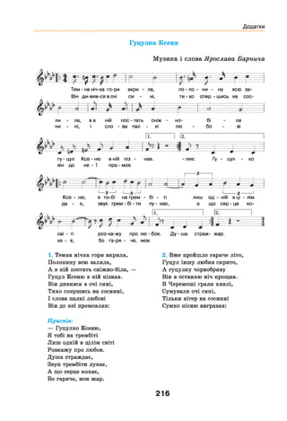 Додатки
Гуцулка Ксеня
М у з и к а і с л о в а Я росла ва Барнича
р ш і у Г 9' Щ
Т е м - н а н іч -ка го -р и
Він д и -в и в -с я в очі
вкри - ла,
си - ні,
по - л о - ни - ну всю з а -
ти - х о с п е р - ш и с ь на с о с -
ш , .
^ І
ли - л а, а в ній п о с - тать с н іж - н о - бі - л а
ни - ні, і сл о - ва пал - кі л ю - б о - ві
У , к і.------------------------------------- ---------------
к І. ^ л 1 *1ї . ' / У • і /
^ , —
я 9 г І Я
Ф Ф ф
гу - цул К с е - ню в ній піз - нав. - ляв: Гу - цул - ко
він д о н е - і п ро - м ов
А к и • « —
і---- з
Т 1 І1 Г
1— 3—1 1— 3—1
О <і---- ф---- * -----*---- •
1----- 3----- 1
К с е - ню , я т о -б і н а т р е м - бі - ті л и ш о д - ній в ці - лім
д а - є , з в у к т р е м - бі - ти л у - н ае, а щ о с е р - ц е ко -
V к-------------- ---------- . - .----------- к— ч
л V *1 ? — 1
ГЛЧ У Р Р ^ Г ‘ і ) >1 • 1 І І 1
Ч? г— — 'Р Р У * ^ ^
сві - ті р о з -к а -ж у п ро лю - бо в . Д у - ш а с т р а ж - ж а р .
х а - є, б о га -р я - че, м ов
1. Темна нічка гори вкрила,
Полонину всю залила,
А в ній постать сніжно-біла, —
Гуцул Ксеню в ній пізнав.
Він дивився в очі сині,
Тихо спершись на соснині,
І слова палкі любові
Він до неї промовляв:
2. Вже пройшло гаряче літо,
Гуцул іншу любив скрито,
А гуцулку чорнобриву
Він в останню ніч прощав.
В Черемоші грали хвилі,
Сумували очі сині,
Тільки вітер на соснині
Сумно пісню вигравав:
Приспів:
— Гуцулко Ксеню,
Я тобі на трембіті
Лиш одній в цілім світі
Розкажу про любов.
Душа страждає,
Звук трембіти лунає,
А що серце кохає,
Бо гаряче, мов жар.
216
 