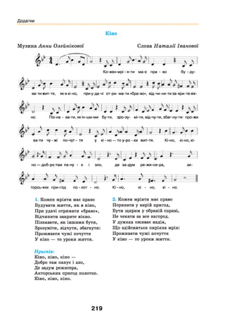 Додатки
Кіно
М у з и к а А н н и О лей нік ової С л о в а Н а т а л їі Іва н ов ої
№  О г дГ[ іг—с~' Т = 5 ї і = ї
^ 4 ^ Гї ^ 1 ^ ^ ^ ^
К о -ж е н м рі - я -т и м а -є п р а - во б у - д у -
^ = Г . г л— — >Р Ф■ ^= к * = ^ = — У У г
4 г д • ' 1
в а -т и ж и т -т я , я к в к і-н о , п р и у -д а -ч і о т -р и -м а -т и «б ра-в о», в ід -ч и -н и -т и з а -к р и -т е вік­
-----і --------------- 4 ^ Г-*— і. с Ч-Ч — Ь------ Г"
' Е З Е т
. 4 г д
Ф 1---
я я
—е----
я • •
1 •5 Е Я — Я *
Я
но. П із -н а - в а -ти , я к ін -ш и -м и б у -ти , з р о -з у - м і-ти , в ід -ч у -ти , з б а г-н у -т и : п р о -ж и
№ } « г ^ і і у Ш Ч = ^ = —------і —я - - 5 ^ ^
у V  V 1 * 1
* -----4
-----я~-------------Ф~ * * Г 11
::
в а -ти ч у - ж і п о -ч у т - тя у кі - но — то у -р о - ки ж и т -т я . К і-н о , к і-н о , кі­
- І Ь У - - V —- ч— 4 = — ь------к— ------ V ;----------------
~ с я 1 4 ---------•
^-----
*
~о-------------- а - «
—і -------1—
---------я — я
ч— — я
Iі—
— і --------------- я
н о — д о б -р о т а м п а -н у - є і зл о , д е з а -д у м р е -ж и -с е -р а , а к -
N— Ч --- т і ----------------- N--------- -- 1
= м ? ! = ^
------ я _______т
3-------
------а
1—
(С
* У - я Ь ------------- ш
— й
_____ й
3 =
® І
т о р с ь -к и х п р и -го д по - л о т - но. Кі - но, кі - но, кі - но.
1. Кожен мріяти має право
Будувати життя, як в кіно,
При удачі отримати «браво»,
Відчинити закрите вікно.
Пізнавати, як іншими бути,
Зрозуміти, відчути, збагнути:
Проживати чужі почуття
У кіно — то уроки життя.
2. Кожен мріяти має право
Поринати у вирій пригод,
Бути щирим у обраній справі,
Не чекати за все нагород.
У думках оживає надія,
Що здійсниться омріяна мрія:
Проживати чужі почуття
У кіно — то уроки життя.
Приспів:
Кіно, кіно, кіно —
Добро там панує і зло,
Де задум режисера,
Акторських пригод полотно.
Кіно, кіно, кіно.
219
 