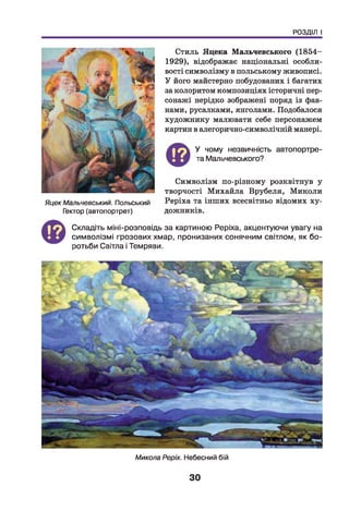 РОЗДІЛ І
Стиль Яцека Мальчевського (1854-
1929), відображає національні особли­
вості символізму в польському живописі.
У його майстерно побудованих і багатих
за колоритом композиціях історичні пер­
сонажі нерідко зображені поряд із фав­
нами, русалками, янголами. Подобалося
художнику малювати себе персонажем
картин в алегорично-символічній манері.
Ф
У чому незвичність автопортре­
та Мальчевського?
Яцек Мальчевський. Польський
Гектор (автопортрет)
Символізм по-різному розквітнув у
творчості М ихайла Врубеля, М иколи
Реріха та інших всесвітньо відомих ху­
дожників.
©
Складіть міні-розповідь за картиною Реріха, акцентуючи увагу на
символізмі грозових хмар, пронизаних сонячним світлом, як бо­
ротьби Світла і Темряви.
Микола Реріх. Небесний бій
ЗО
 