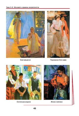 Тема 5-6. Мінливість вражень імпресіоністів
Благовіщення Парижанки біля кафе
Селянська родина Жінка з квітами
45
 
