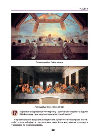 РОЗДІЛ І
СальвадорДалі. Тайна вечеря
Леонардода Вінчі. Тайна вечеря
Порівняйте сюрреалістичну картину і ренесансну фреску на відому
біблійну тему. Чим відрізняються композиції творів?
Сюрреалістичні поєднання несумісних предметів породжують незви­
чайні естетичні ефекти і захоплюють емоційним «звучанням» кольорів
у фовістів та експресіоністів.
82
 