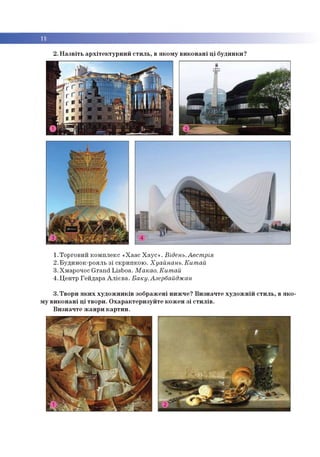 2. Назвіть архітектурний стиль, в якому виконані ці будинки?
0
1.Торговий комплекс «Хаас Хаус». Відень.Австрія
2. Будинок-рояль зі скрипкою. Хуайнань. Китай
3.Хмарочос Grand Lisboa. Макао. Китай
4. Центр Гейдара Алієва. Баку. Азербайджан
3. Твори яких художників зображені нижче? Визначте художній стиль, в яко­
му виконані ці твори. Охарактеризуйте кожен зі стилів.
Визначте жанри картин.
 
