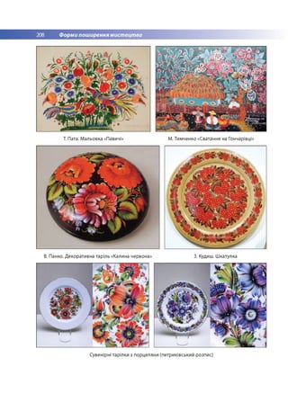 208 Форми поширення мистецтва
Т. Пата. Мальовка «Павичі» М. Тимченко «Сватання на Гончарівці»
В. Панко. Декоративна таріль «Калина червона» З. Кудиш. Шкатулка
Сувенірні тарілки з порцеляни (петриківський розпис)
 