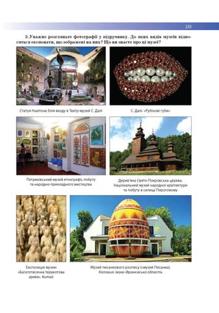 3. У в а ж н о р о згл я н ь те ф о то гр а ф ії у п ід р у ч н и к у . Д о я к и х в и д ів м узе їв в ід н о ­
с я т ь с я е к с п о н а ти , щ о зо б р аж ен і н а н и х ? Щ о в и зн а є те про ц і м у зе ї?
Огатуя Ньютона біля входу в Театр-музей С. Далі С. Далі. «Рубінові губи»
Петриківський музей етнографії, побуту Дерев'яна Свято-Покровська церква.
та народно-прикладного мистецтва Національний музей народної архітектури
та побуту в селищі Пироговому
Експозиція музею
«Багатотисячна теракотова
армія». Китай
Музей писанкового розпису («музей Писанка).
Коломия. Івано-Франківська область
 