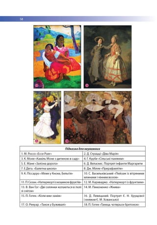 Підказка для неуважних
1. М. Россо «Ecce Puer» 2. Д. Страцці «Діва М арія»
3. К. М он е «Каміль М оне з дитиною в саду» 4. Г. Курбе «Сільські панянки»
5. Е. М ан е «Залізна дорога» 6. Д. В еласкес. П о р тр ет інф анти М аргарити
7. Е.Д ега. «Балетна ш кола» 8. Дж. М ілле «П рераф аеліти»
9. К. П іссар р о «М лин у Кноке, Бельгія» 10. С. В асильківськи й «П ейзаж із вітряним и
м линам и і кінним возом»
11. П. Сезан. «Н атю рм орт із кош иком фруктів» 12. М. Каравадж о. «Н атю рм орт із ф руктам и»
13. В. Ван Гог «Дві селянки копаю ться в полі
зі снігом »
14. М. П им оненко «Ж нива»
15. П. Гоген. «Коли вже заміж» 16. Д. Л евицький. П о р тр ет Є. Н. Хр ущ о во ї
і княж ни Є. М. Х о ван сько ї
17. О. Ренуар. «Танок у Буживалі» 18. П. Гоген «Танець чотирьох бретонок»
 